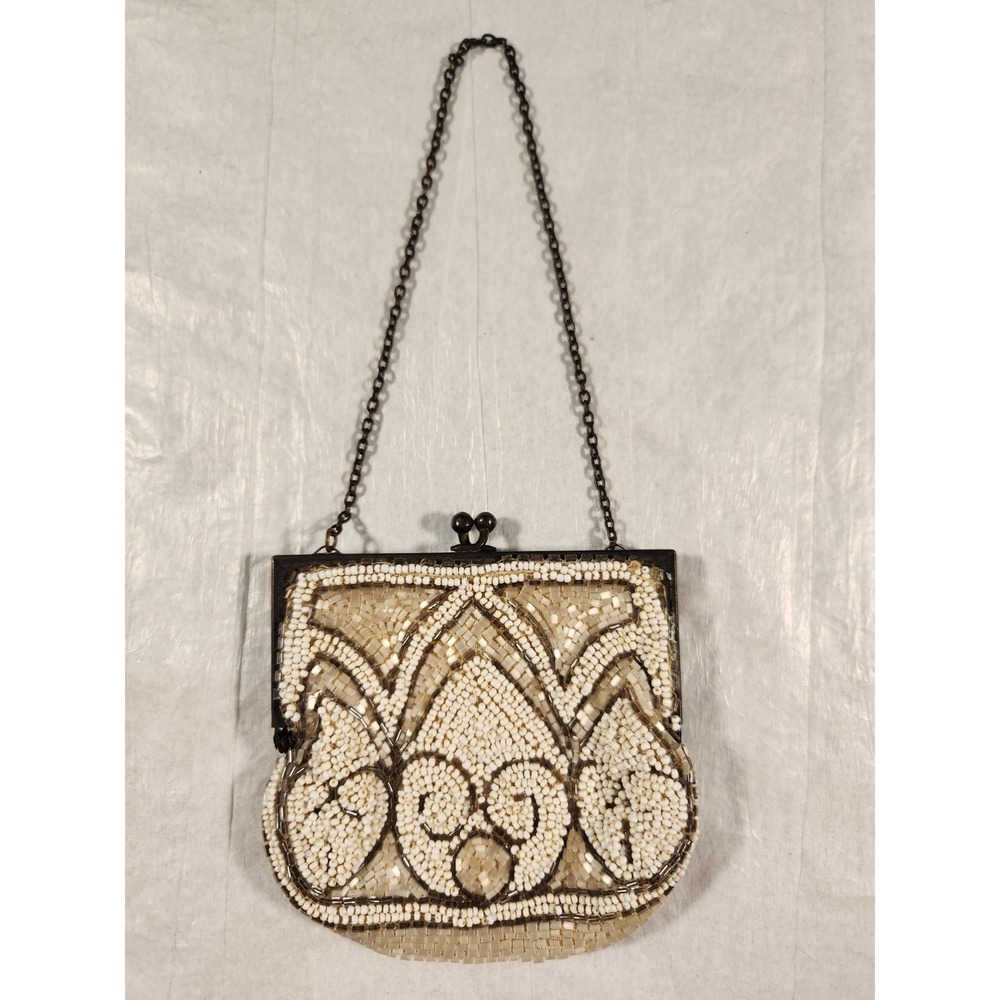 Antique White Silver Glass Micro Beaded Bag Purse Metal Frame Handmade France